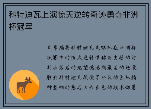 科特迪瓦上演惊天逆转奇迹勇夺非洲杯冠军